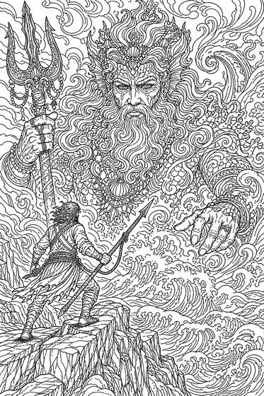 Coloring page: a sea god with a trident towering over a warrior