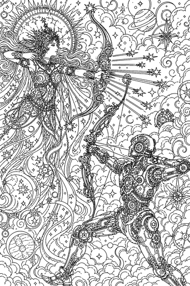 Coloring page: two archers mid-shot under the stars