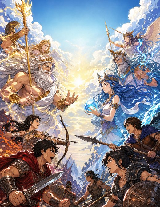 Cover art: anime gods and warriors in battle