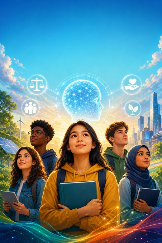 Cover art: students looking up at a glowing AI brain