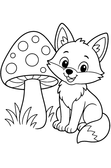 Coloring page: a fox beside a mushroom
