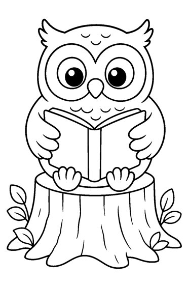 Coloring page: an owl reading a book on a tree stump