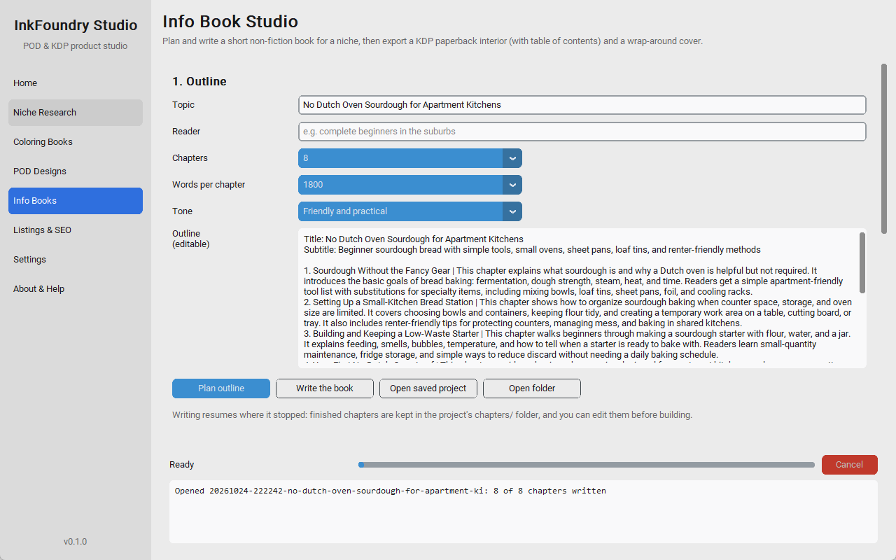The Info Book screen with an editable chapter outline for a sourdough book