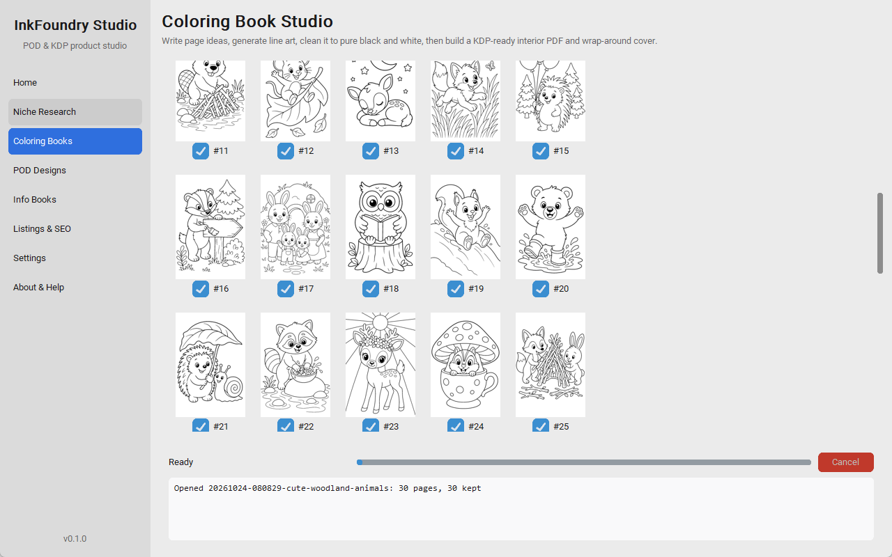 The Coloring Book Studio screen showing a grid of woodland animal coloring pages, each with a keep checkbox