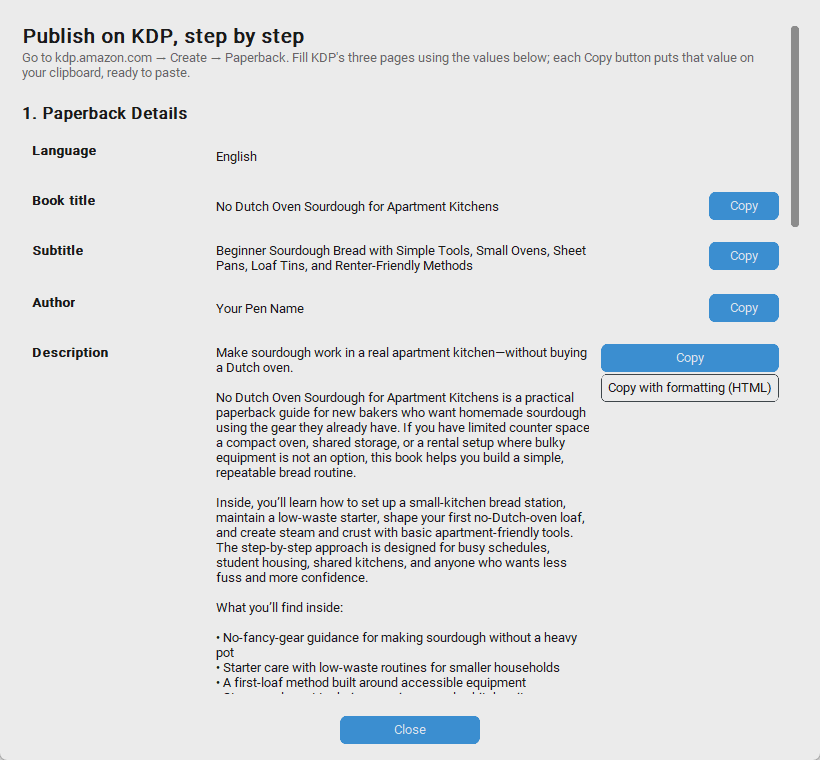 The KDP upload helper listing the book title, subtitle and description with Copy buttons